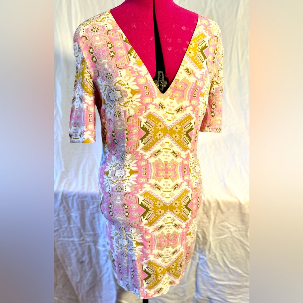 Free People Pink & Gold Sheath Bodycon Dress Sz 8 (Runs Small)